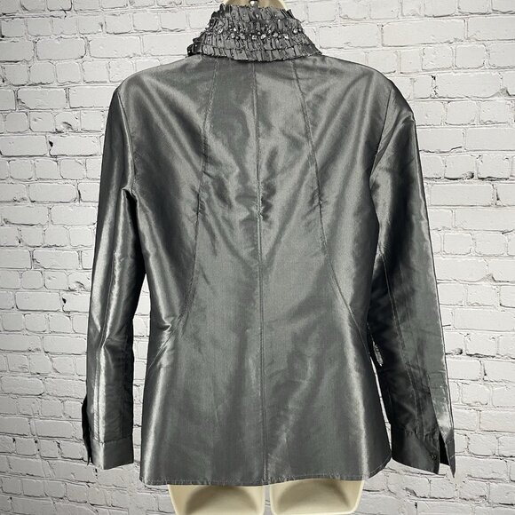 Lafayette 148 Grey Metallic 100% Silk Button Embellished Collar Shirt 8 *tear - Picture 2 of 11